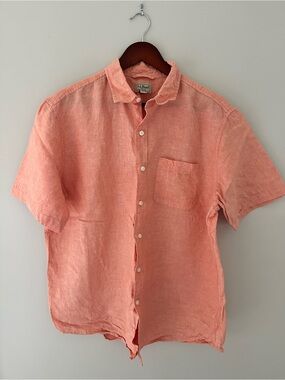 L.L. Bean Mens Short-Sleeve 100% Linen Shirt in Coral Sz Large